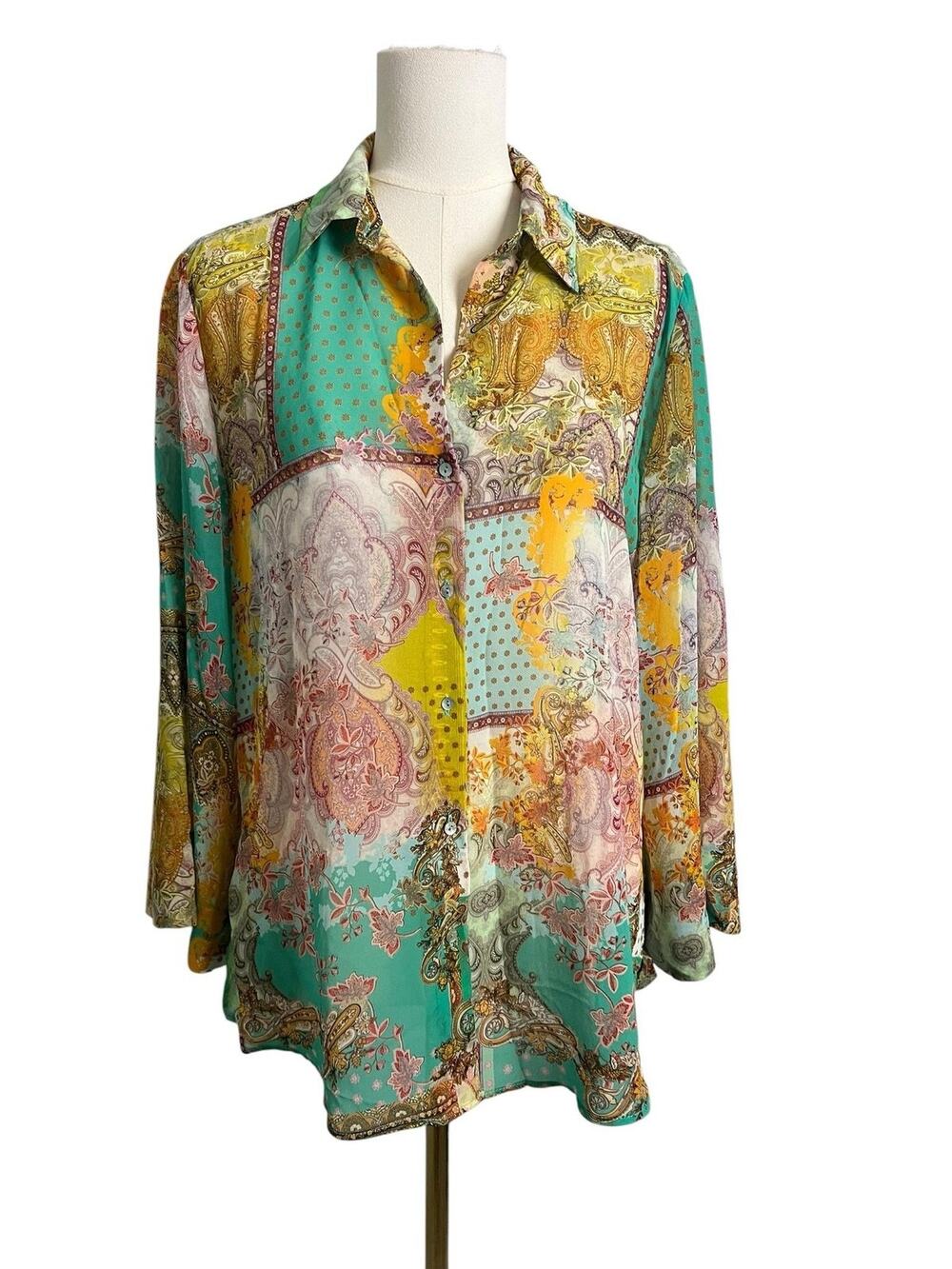 Zara Sheer Patchwork Paisley Boho Button Front Blouse Small Multicolor Tunic Top
